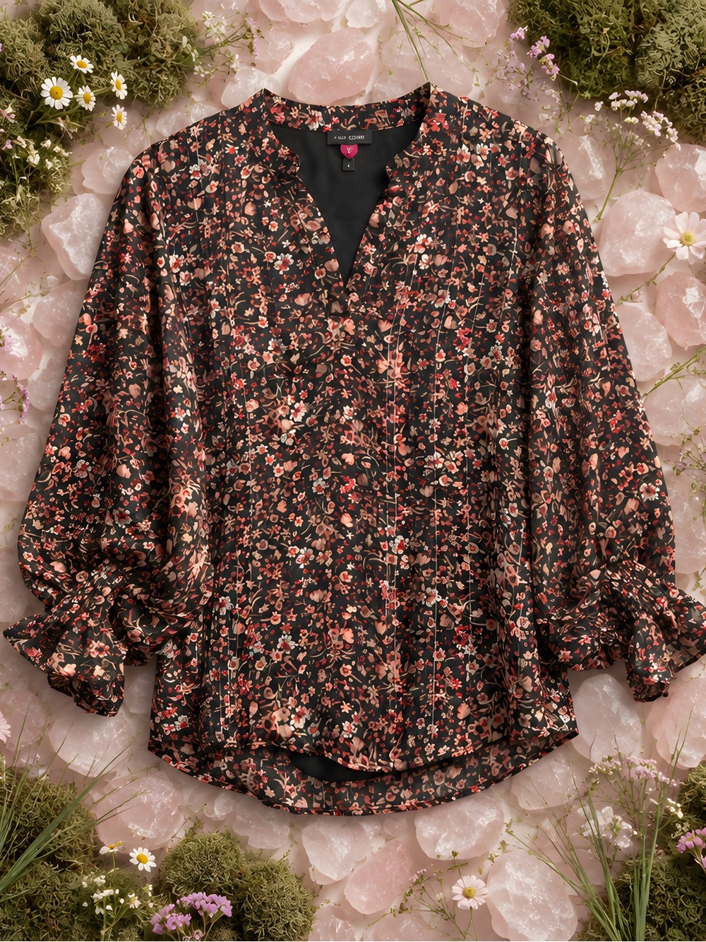 NWT Vince Camuto Women’s Printed Split-Neck Smocked-Cuff Top M